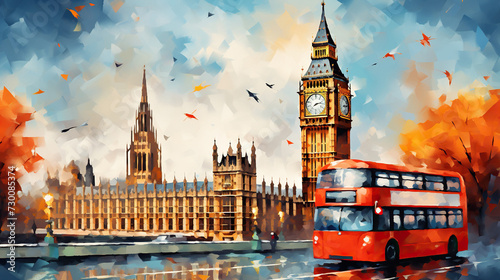 a picture on canvas of a bus on the street of a London photo