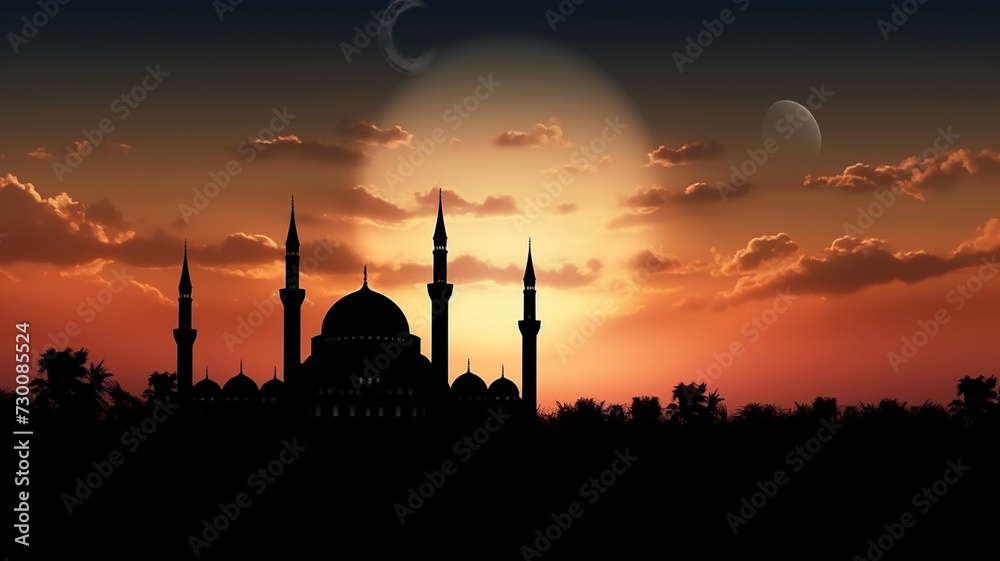Mosque sunset sky, moon, holy night, islamic night and silhouette mosque