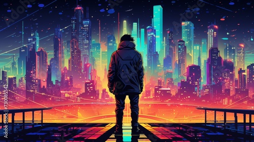 a person standing on a platform above a futuristic city