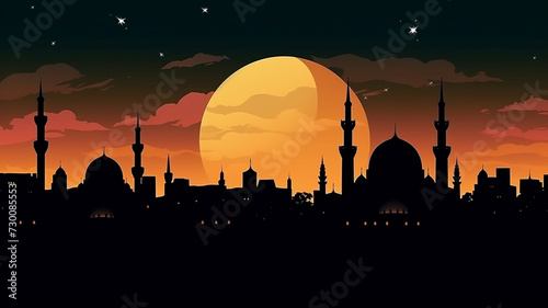 Mosque sunset sky, moon, holy night, islamic night and silhouette mosque photo