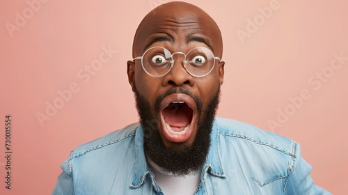 close-up of a young man with a beard wearing round glasses and a denim shirt, looking surprised with his mouth wide open against a pink background photo