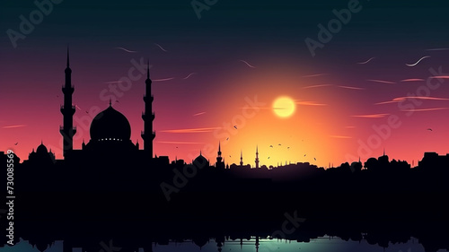 Mosque sunset sky, moon, holy night, islamic night and silhouette mosque