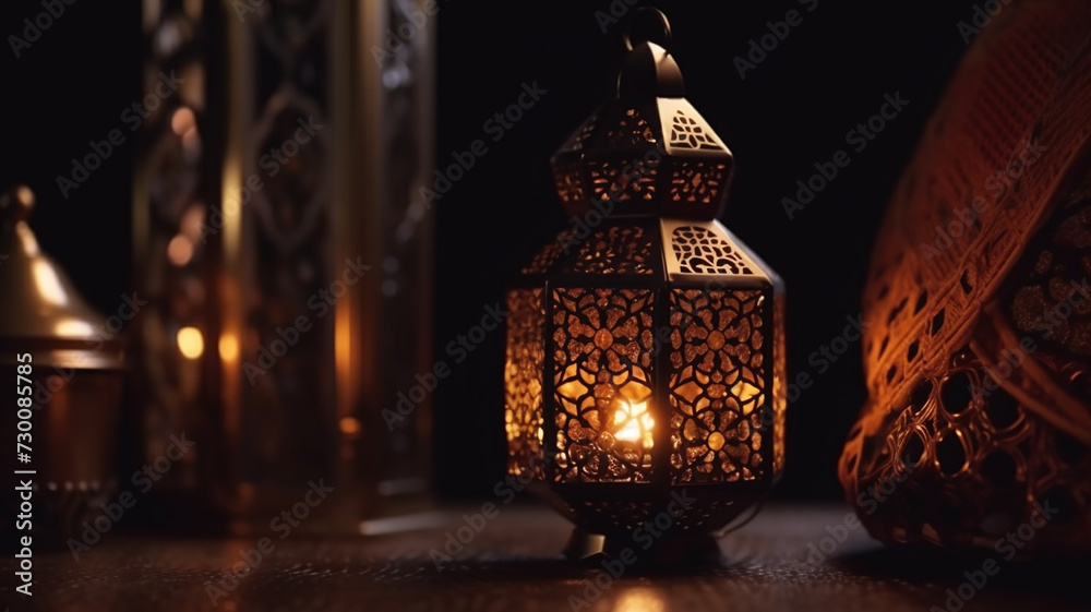 Ornamental Arabic lantern with burning candle glowing in hand. Festive greeting card, invitation for Muslim holy month Ramadan Kareem