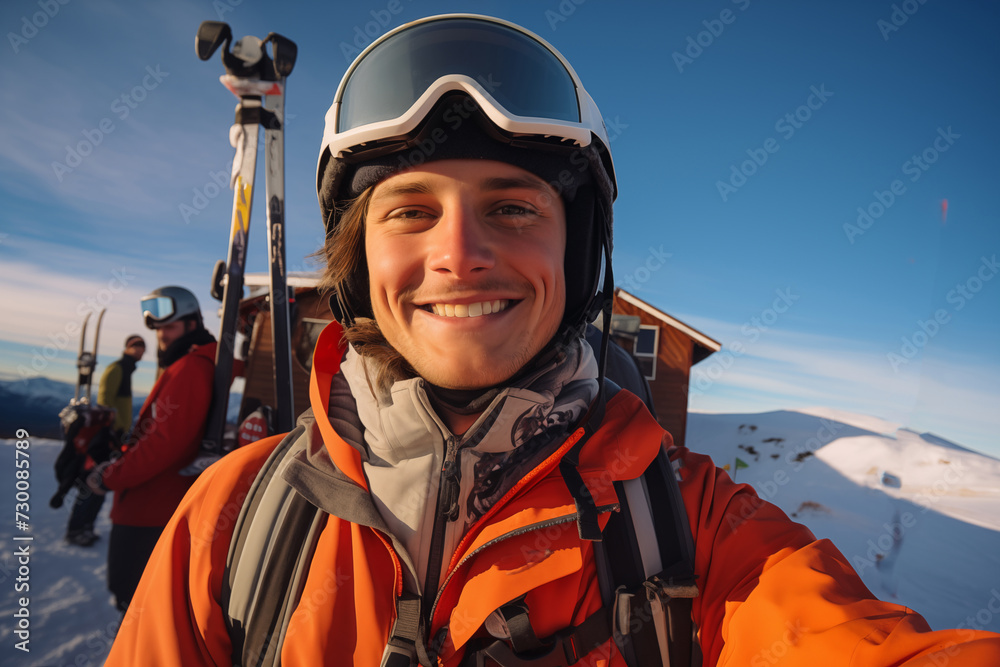 A traveler captures a selfie at a snowy mountain top, ready for a thrilling journey amidst the breathtaking beauty of rugged mountains. Embracing the spirit of winter A traveler captures a selfie at a snowy mountain top, ready for a thrilling journey amidst the breathtaking beauty of rugged mountains. Embracing the spirit of winter