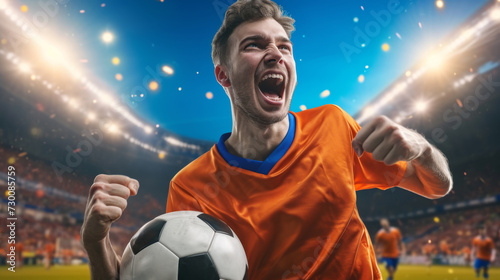 excited soccer player in an orange jersey is holding a soccer ball, celebrating with a stadium in the background © MP Studio