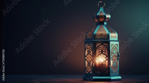 Ornamental Arabic lantern with burning candle glowing at night mosque background. Festive greeting card, invitation for Muslim holy month Ramadan Kareem photo