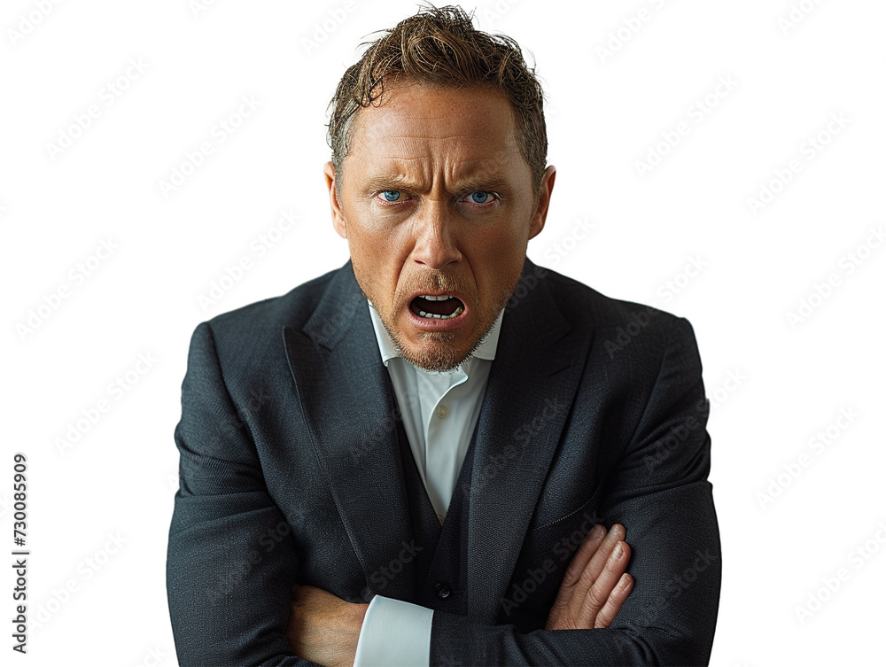Angry businessman shouting with open mouth in portrait Angry businessman shouting with open mouth in portrait