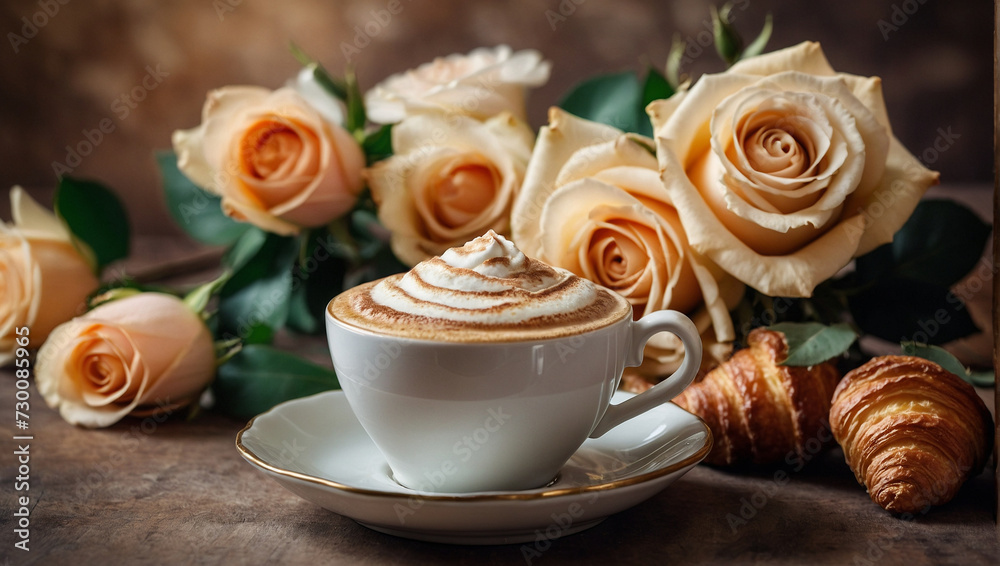 Cappuccino in a beautiful cup plus a rich croissant and all this against the background of a gorgeous bouquet of roses. generative AI Cappuccino in a beautiful cup plus a rich croissant and all this against the background of a gorgeous bouquet of roses. generative AI