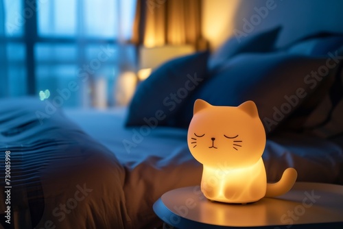 Nightlight In The Shape Of Cute Cat, Standing On The Bedside Table Next To The Bed photo