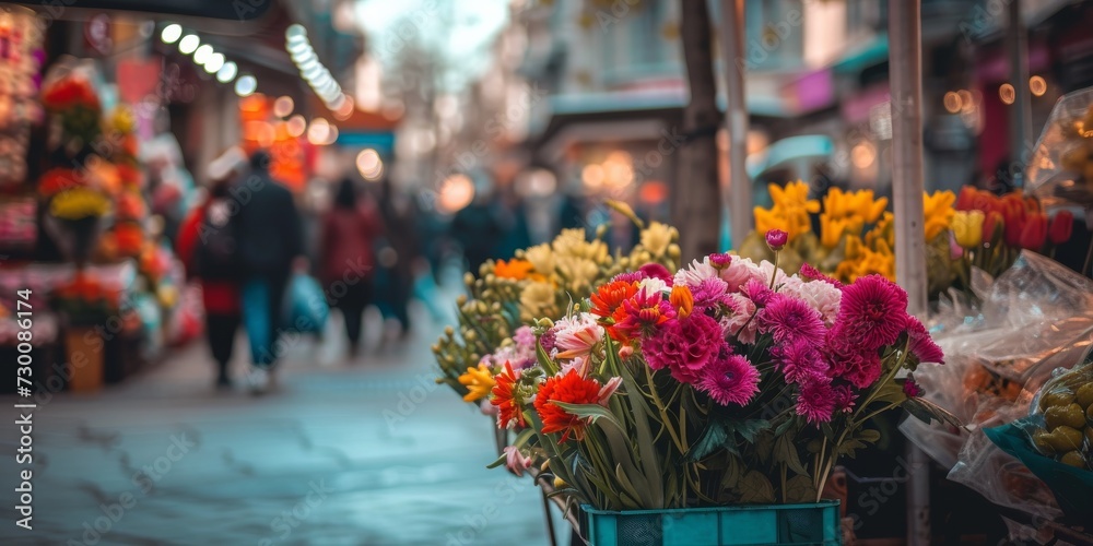 Street Vendor Sells Flowers In Busy City Area