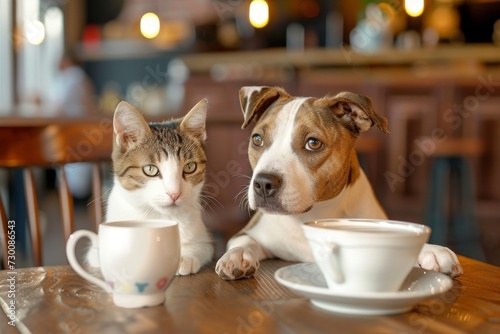 Cute Dog And Cat Enjoying Milk At A Stylish Cafe