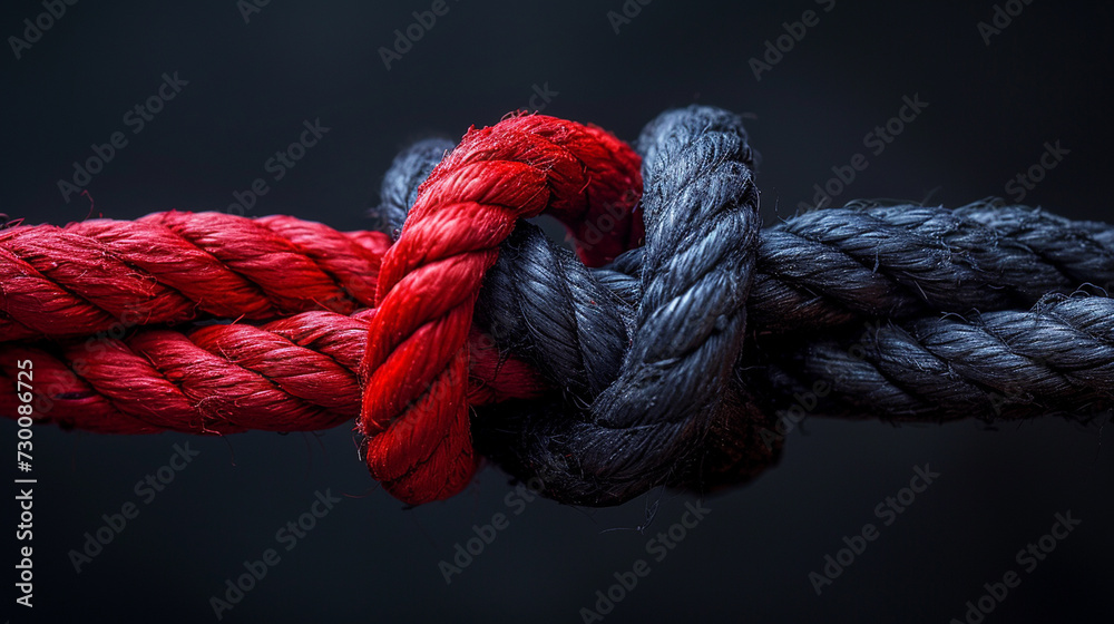 Two ropes of red and black tied into a knot.