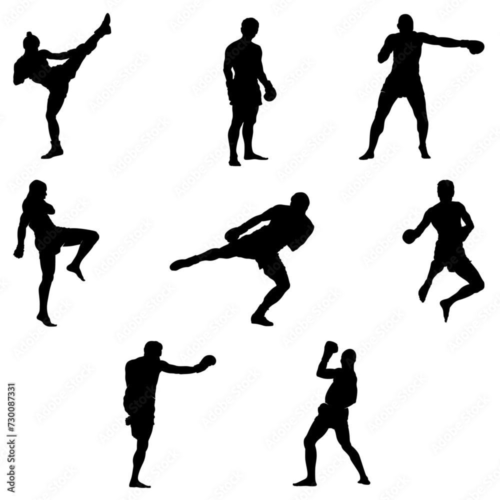 Kickboxing Silhouette Pack vector illustration containing various poses for kickboxing style