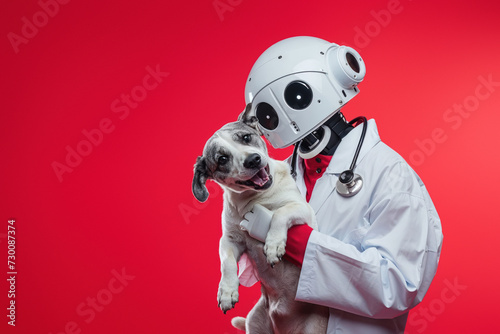 A heartwarming studio photo of a cheerful robot doctor holding a dog against a vibrant red backdrop. © Fxquadro