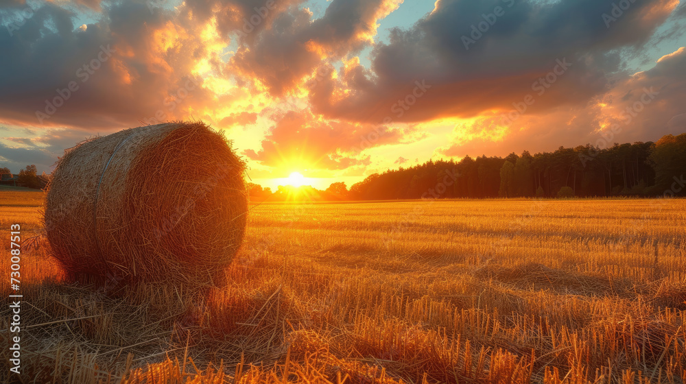 Hay bale at sunset, harvest concept. Autumn rural landscape with sunflares on sunset over the harvested field with hay bale. Straw Bale Gardening - obrazy, fototapety, plakaty 