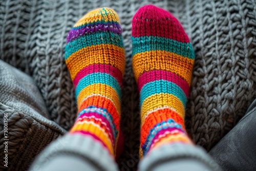 Vibrant Socks And Comfortable Surfaces: Cozy Closeup Of Feet