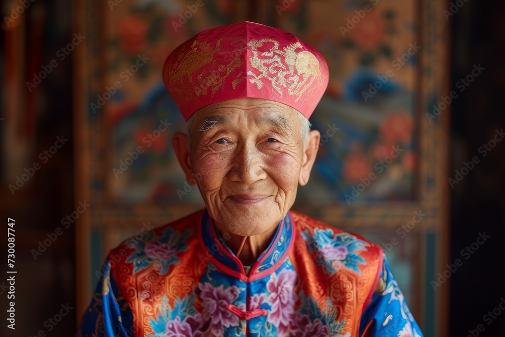Kind-Hearted Chinese Elder In Traditional Attire Beams With Warmth Kind-Hearted Chinese Elder In Traditional Attire Beams With Warmth