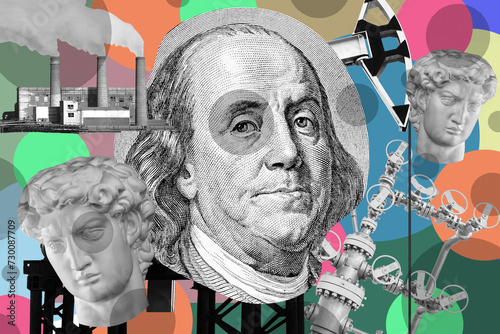 Pop art collage with antique statue head, industrial objects and portrait Benjamin Franklin from the 100 dollars bill. Alternative zine culture. Surreal poster, template for concept design or cover.