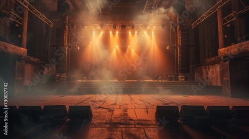 Music stage with elements of smoke and spotlights