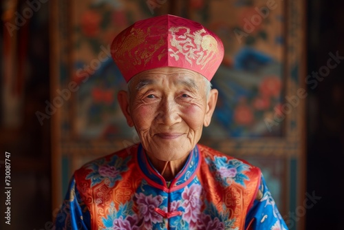 Kind-Hearted Chinese Elder In Traditional Attire Beams With Warmth