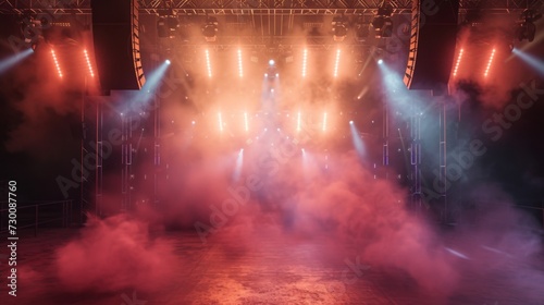 Music stage with elements of smoke and spotlights