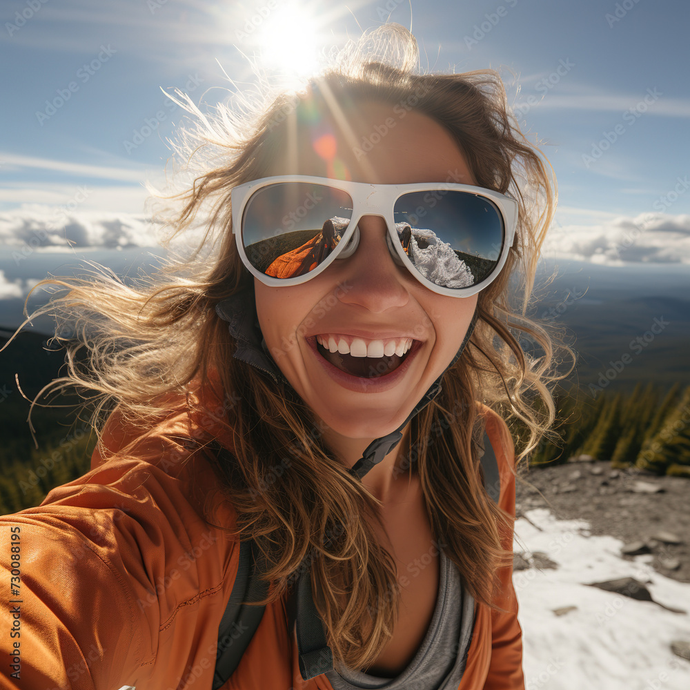 Shot from low angle of a girl in an orange jacket takes a selfie at a high altitude, with clouds and landscapes forming the backdrop under the bright sun Shot from low angle of a girl in an orange jacket takes a selfie at a high altitude, with clouds and landscapes forming the backdrop under the bright sun