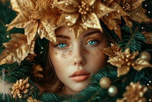 Enchanting Elf Queen Bedecked In Golden Christmas Poinsettia, Radiating Festive Magic