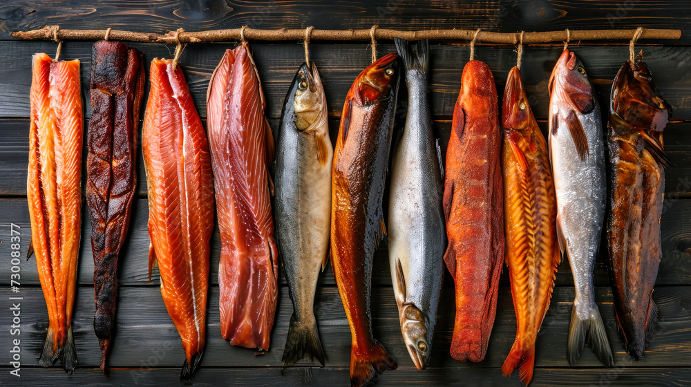 Fototapeta premium Assorted Smoked Fish Hanging on a Rope