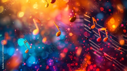 Background with musical notes flying in the air in neon colors