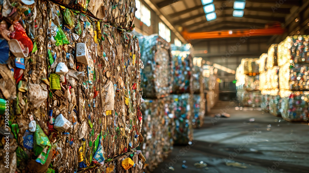 Fototapeta premium Stack of Plastic Bottles at Garbage Processing Plant