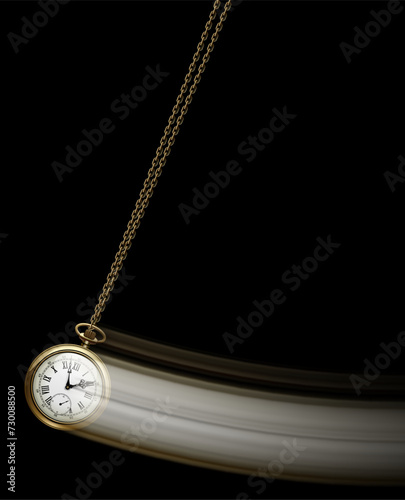 An antique pocket watch on a chain on a black background swinging like a pendulum and leaving a trail of light behind it. Time concept poster. Vector 
Illustration