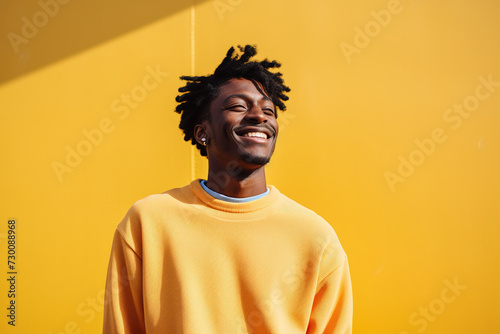 A boy with afro hair standing against a bright yellow background. The individual is dressed in a yellow sweater, creating a monochromatic effect with the background.