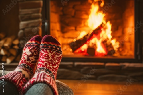 Toasty Feet Wrapped In Cozy Wool Socks, Beside Crackling Fireplace