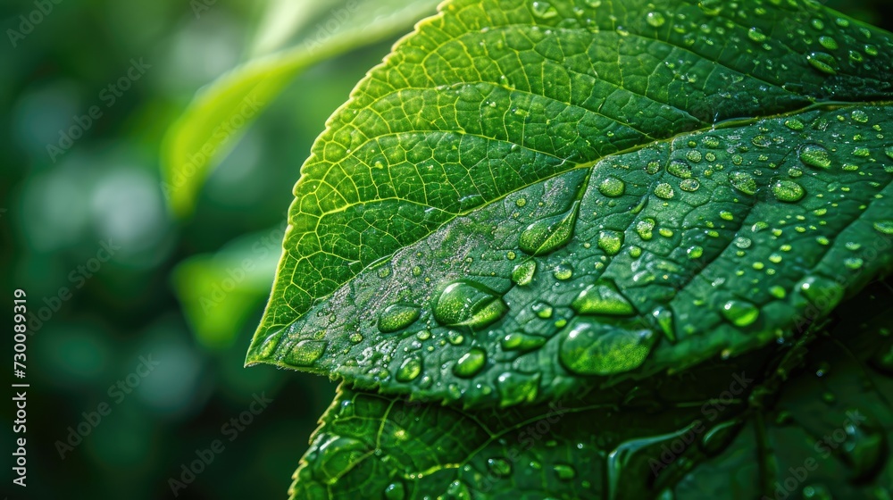 Green leaf with raindrops in sunlight.
