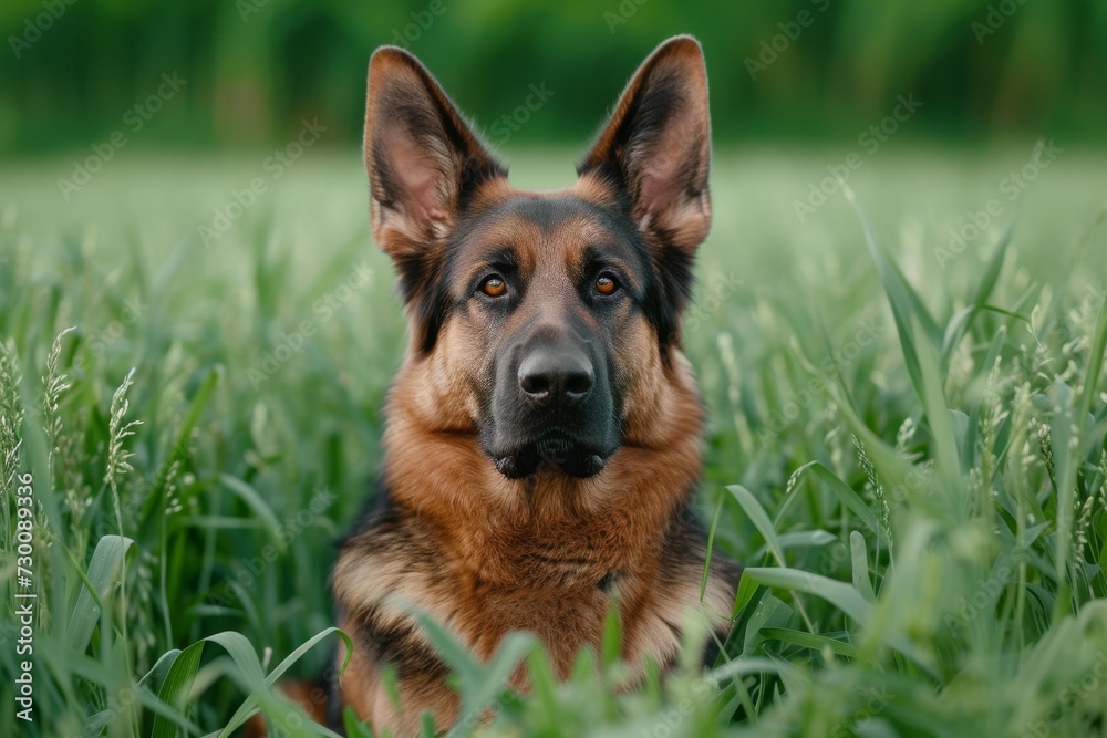 Vigilant German Shepherd Secures The Surroundings In Lush Green Landscape