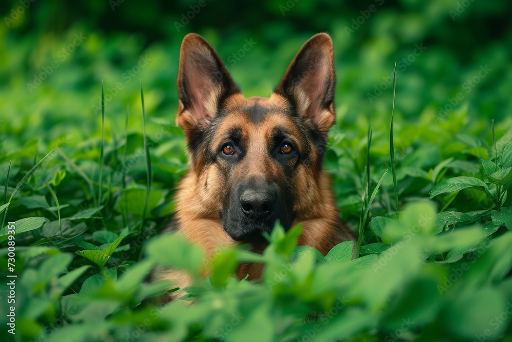 German Shepherd Keeps Watch Over Serene Green Landscape
