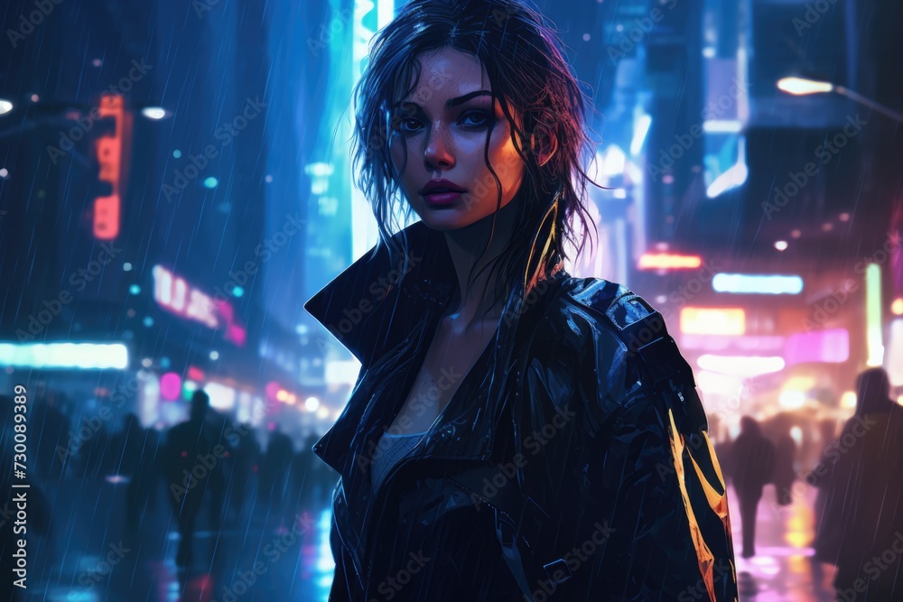Sensual Woman in Cyberpunk Environment with Rain and Neon Lights