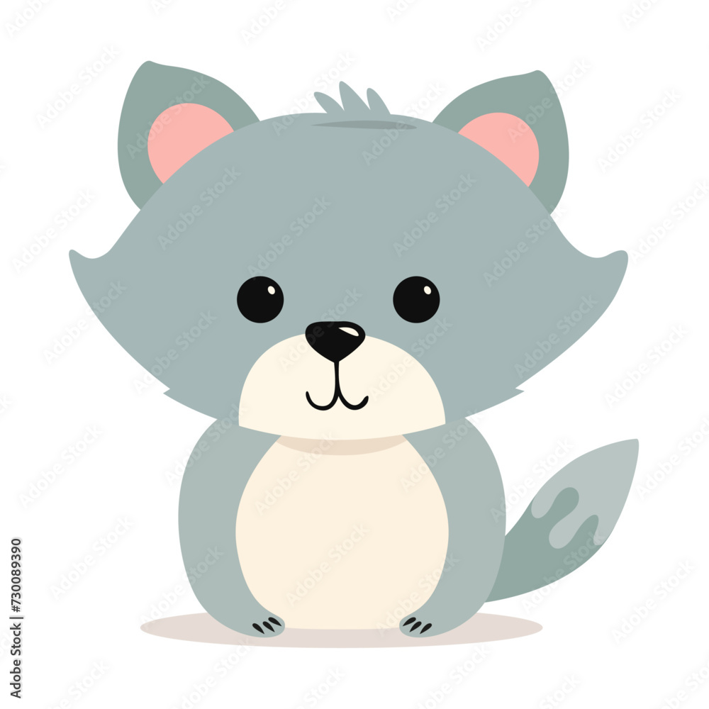 Flat illustration of a stylized gray wolf. Cartoon little wolf cub, cute character for kids. Vector illustration Flat illustration of a stylized gray wolf. Cartoon little wolf cub, cute character for kids. Vector illustration