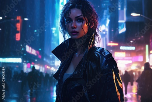 Sensual Woman in Cyberpunk Environment with Rain and Neon Lights