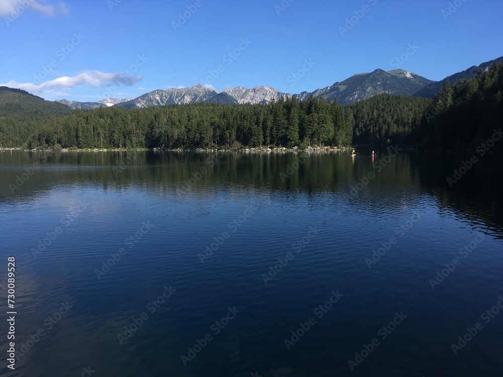 View of Eibsee Lake, near Grainau and Garmisch-Partenkirchen, in the Bavarian Alps, Bavaria, Germany