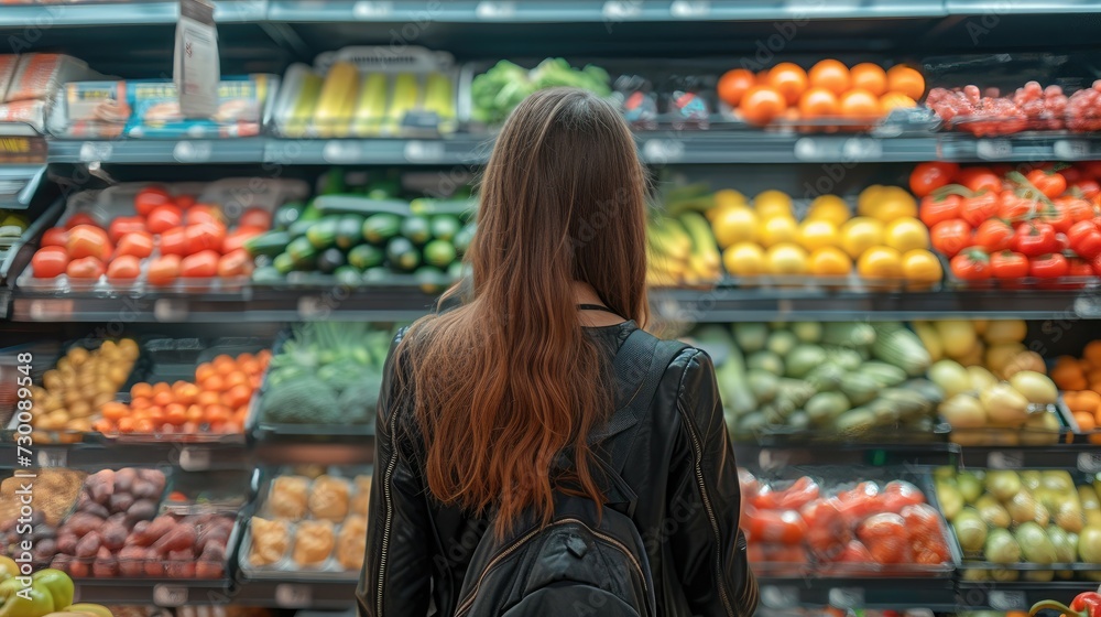 A woman shopping in the fresh produce section of a grocery store.