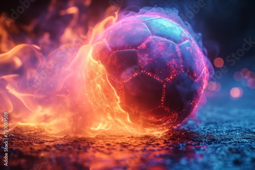 neon soccer ball spin move in net with black studio background photo