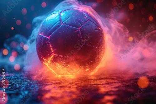 neon soccer ball spin move in net with black studio background