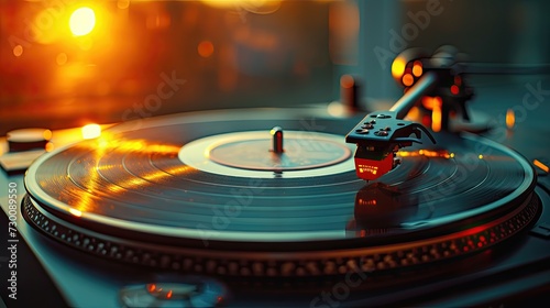 Turntable needle on a vinyl record with a warm bokeh light background.