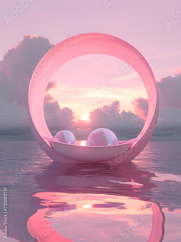 3D rendering of transparent pink luxury ball on water surface, fantasy, product discplay photo