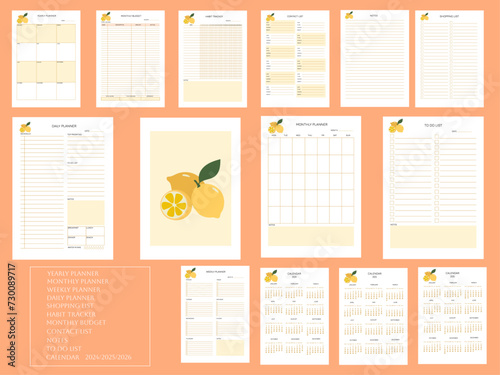 planner set lemons pages templates:daily planner, weekly planner,monthly planner, yearly planner,to do list,habit tracker,contact list, shopping list,notes, monthly budget,calendar 2024/2025/2026