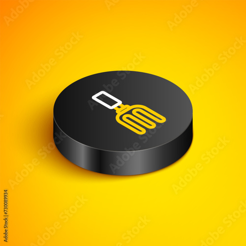 Isometric line Garden rake icon isolated on yellow background. Tool for horticulture, agriculture, farming. Ground cultivator. Black circle button. Vector