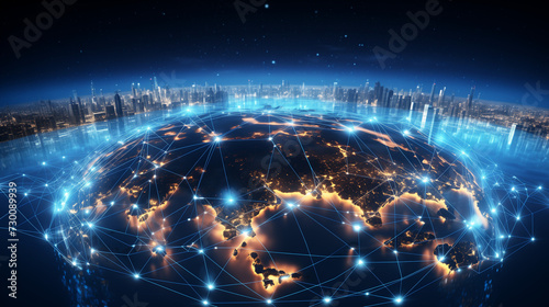 Futuristic network lines encircling the globe, global connectivity, digital infrastructure, cybernetic world