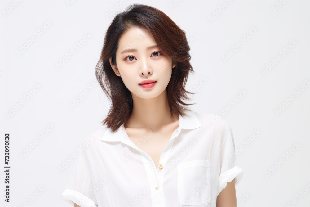 Apprentice teenage Asian woman, exuding ambition and determination, stands in a white shirt against a white background, her charismatic smile lighting up the scene. Generative AI. Apprentice teenage Asian woman, exuding ambition and determination, stands in a white shirt against a white background, her charismatic smile lighting up the scene. Generative AI.