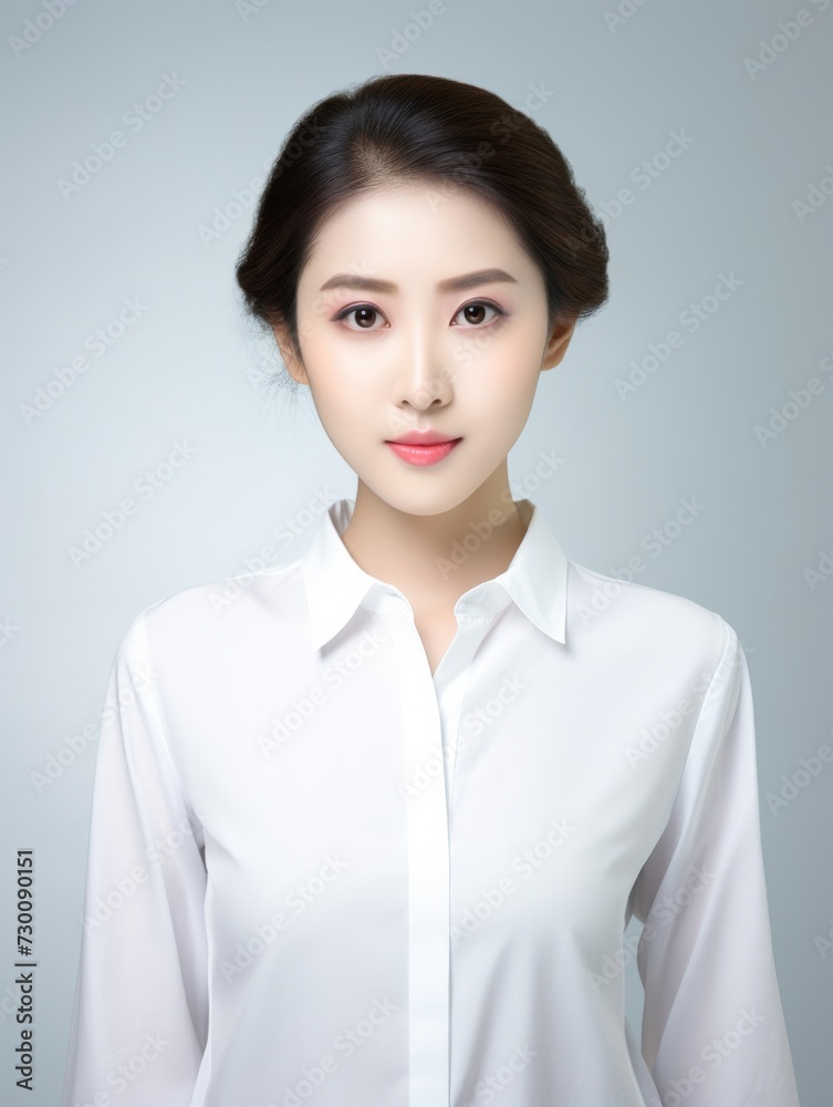 Apprentice teenage Asian woman, exuding ambition and determination, stands in a white shirt against a white background, her charismatic smile lighting up the scene. Generative AI. Apprentice teenage Asian woman, exuding ambition and determination, stands in a white shirt against a white background, her charismatic smile lighting up the scene. Generative AI.